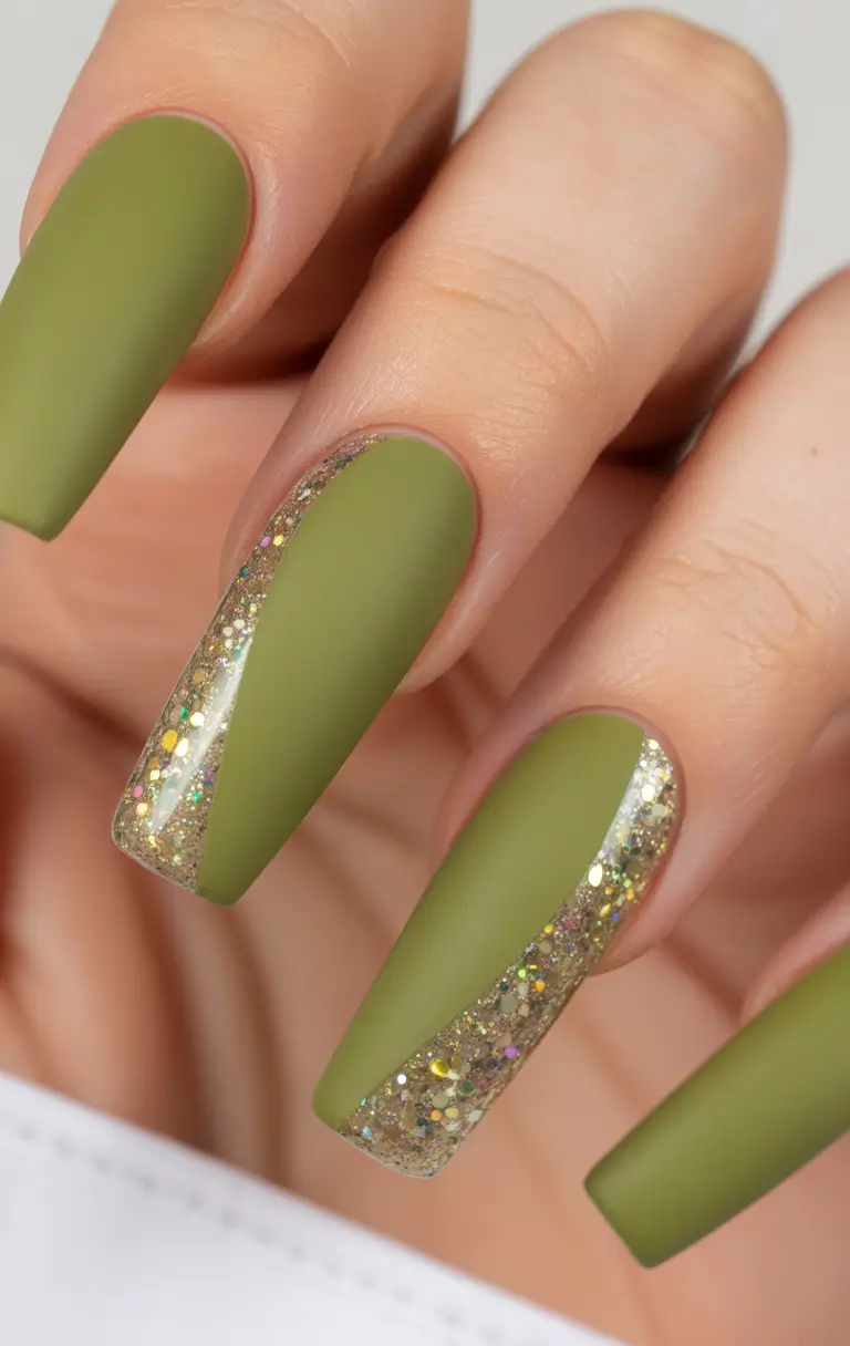 winter acrylic nails Olive Luxe - Earthy Glam with Glitter Accents