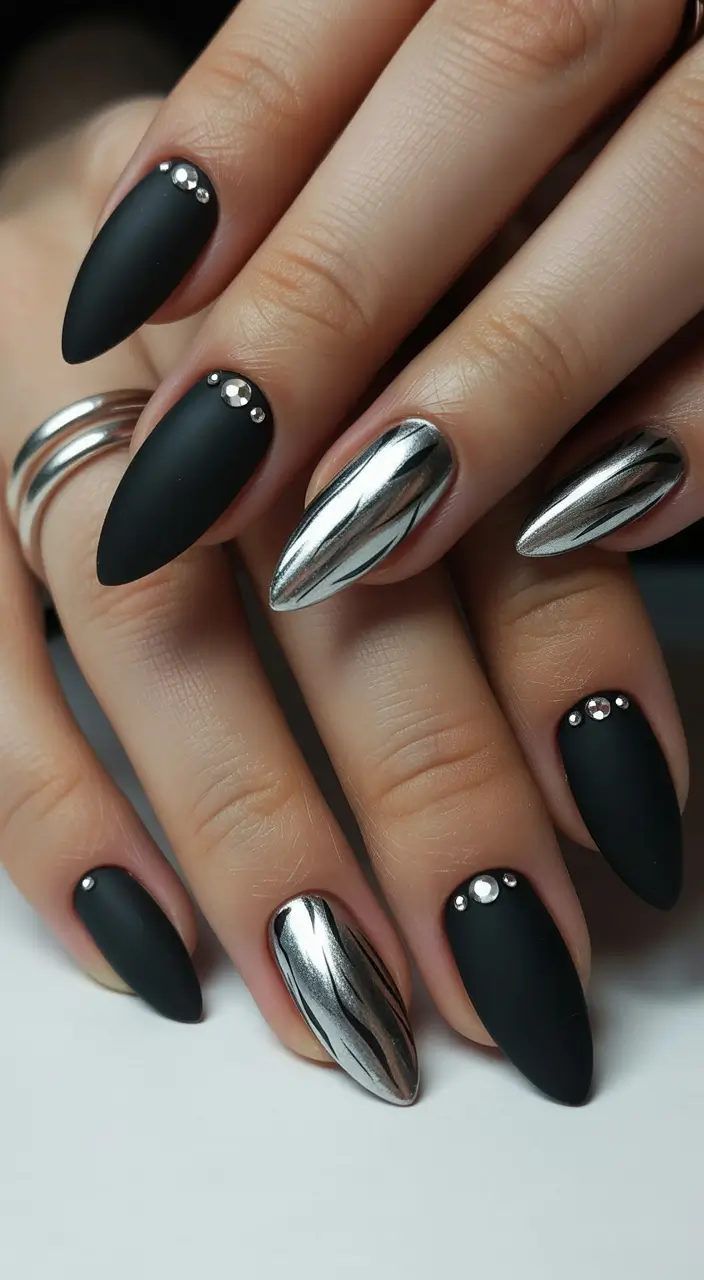 winter acrylic nails Midnight Edge - Black and Chrome Drama