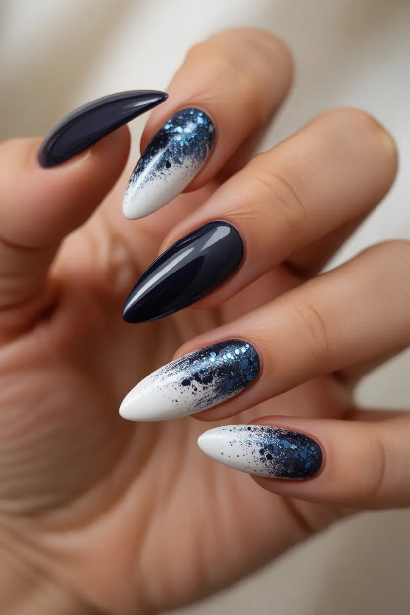 winter acrylic nails Arctic Nightfall - Navy and Snow Ombre Sparkle
