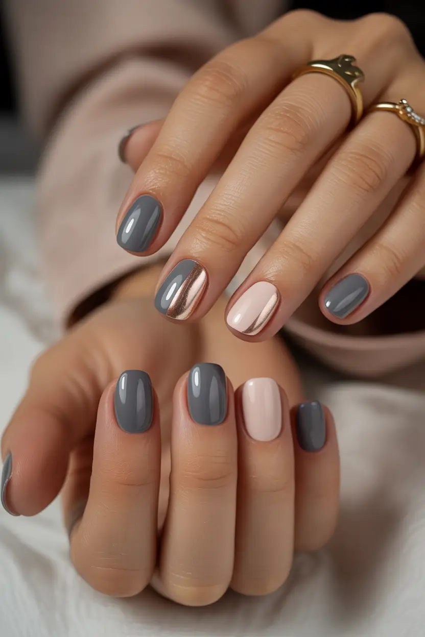 winter acrylic nails Steel Elegance - Gray and Rose Gold Harmony