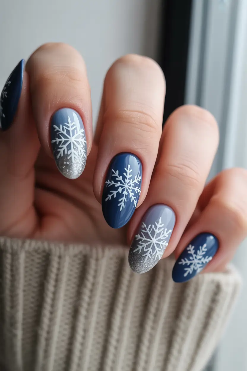 winter acrylic nails Snowflake Whisper - Classic Winter Charm in Blue and Silver