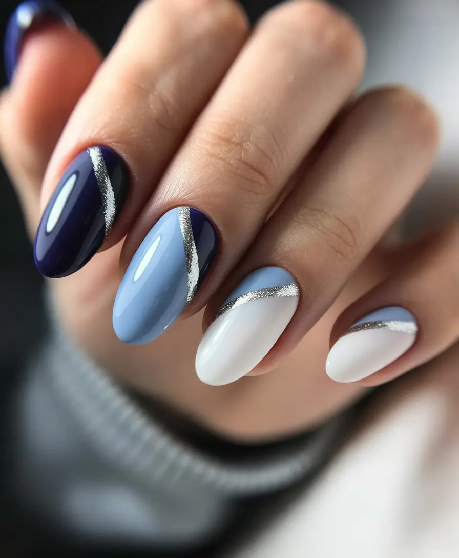 winter acrylic nails Frost Line - Sleek Silver Stripes and Cool Contrast