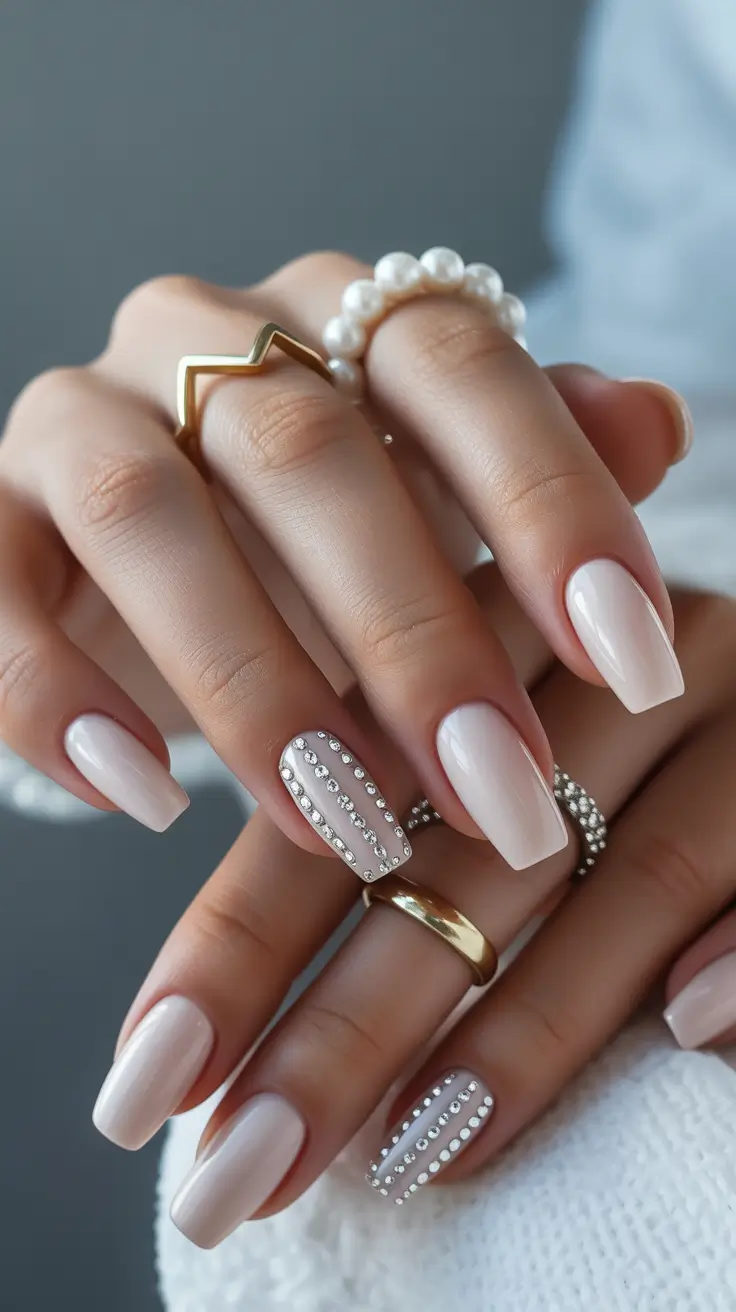 winter acrylic nails Crystal Veil - Soft Pearl White with Rhinestone Detailing