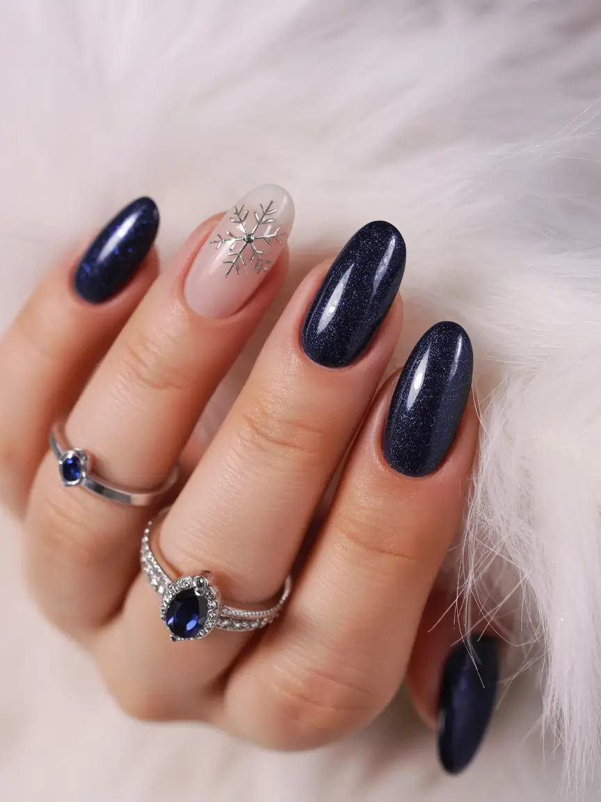 winter acrylic nails Midnight Snowfall - Deep Navy and Silver Sparkle