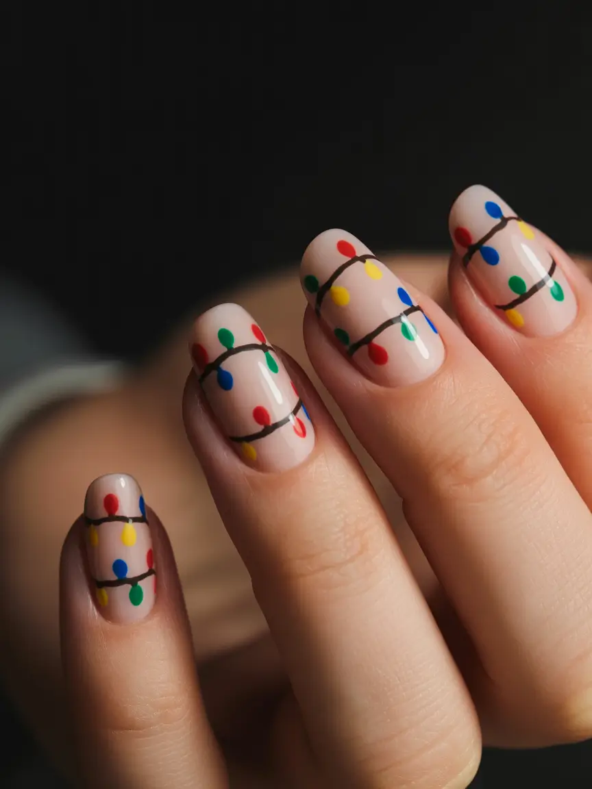 winter acrylic nails Festive Spark - Multicolor Lights on a Neutral Base