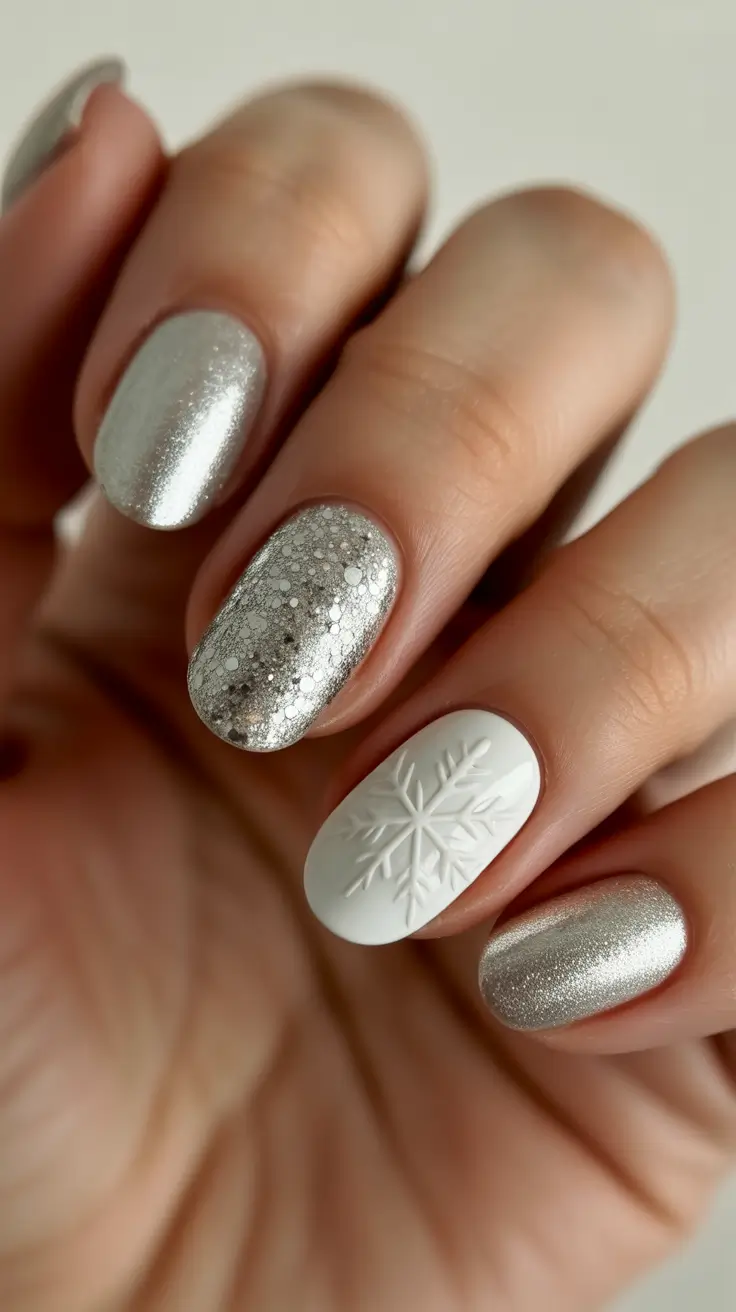 winter acrylic nails Silver Snowfall - Metallic Glam Meets Cozy Minimalism