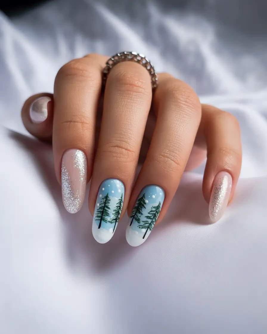 winter acrylic nails Frosted Pines - A Winter Landscape on Your Fingertips