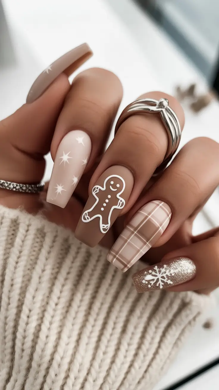 winter acrylic nails Gingerbread Chic - Warm Neutrals with Playful Details