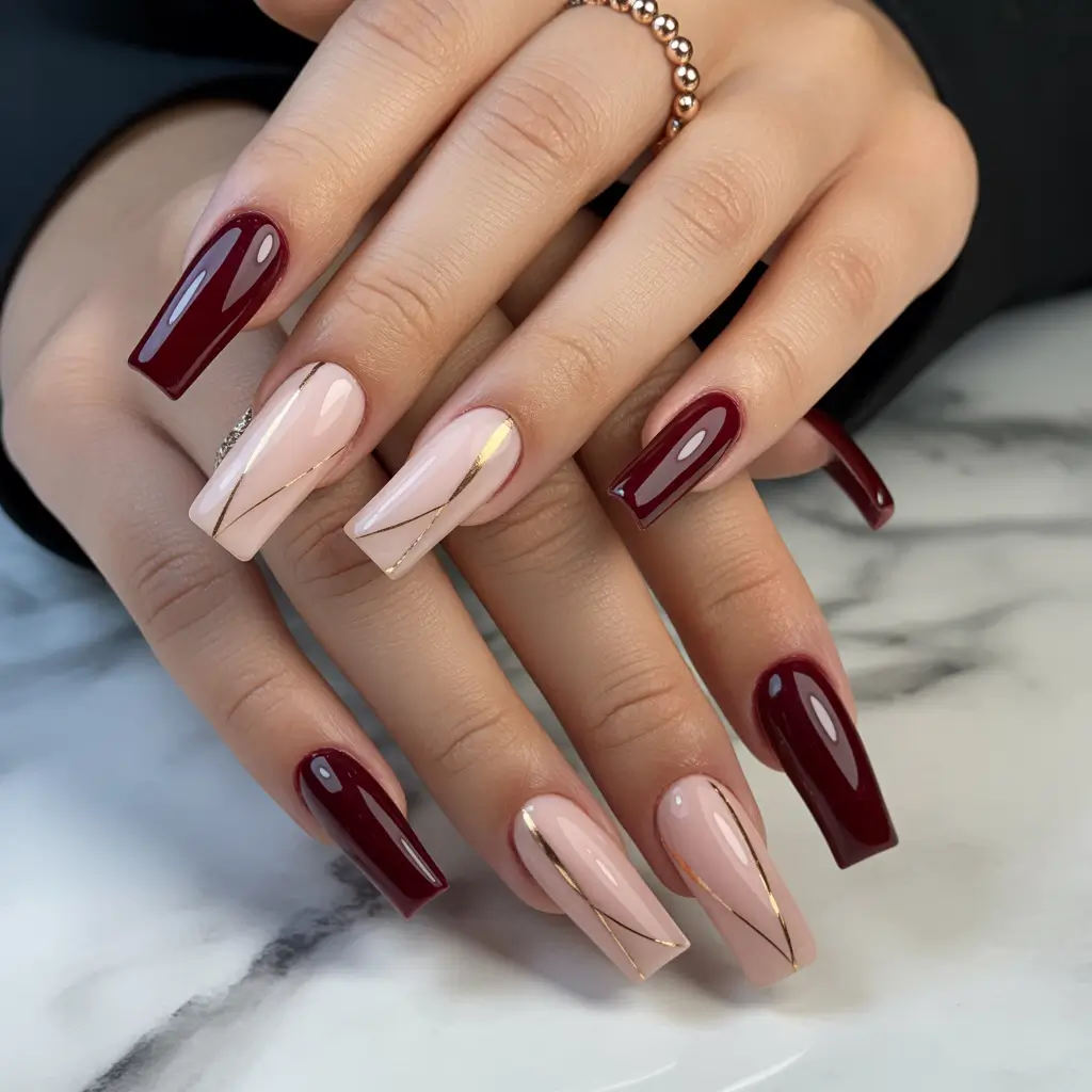 winter nails - new color trends Crimson Meets Nude Geometry