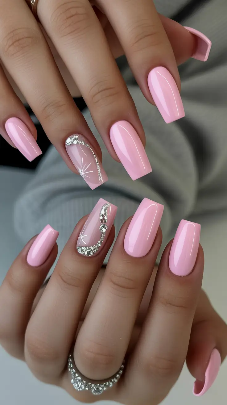 pink winter nails Crystal Glow - Baby Pink Acrylic Almond Nails with Silver Rhinestones