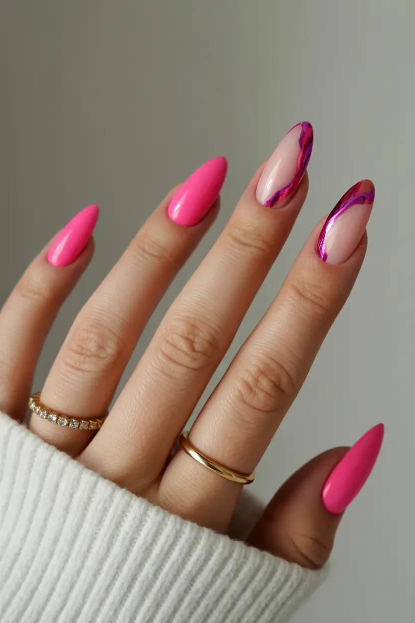 pink winter nails Magenta Wave - Pink Almond Nails with Metallic Edge
