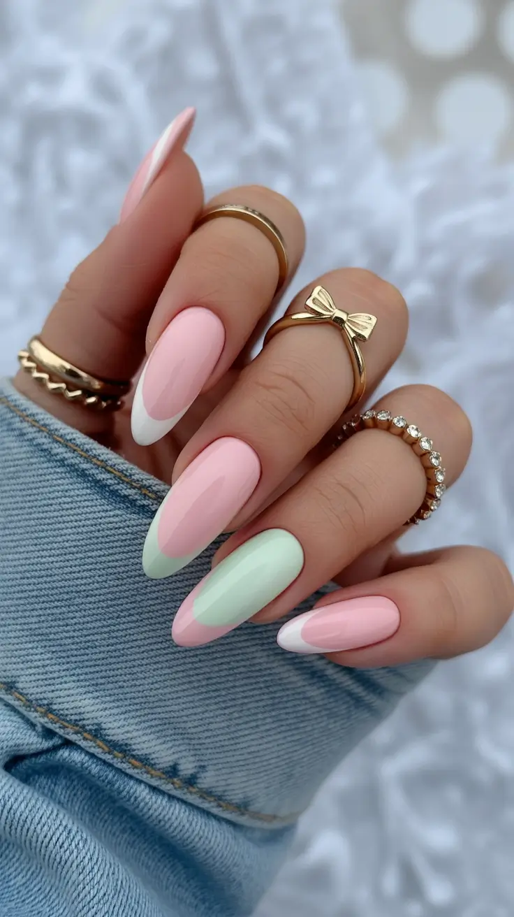 pink winter nails Pastel Winter Dream - Mint and Pink Almond Nails