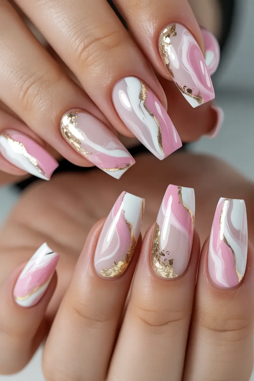 pink winter nails Golden Swirl Luxe - Pink and White Nails with Gold Foil Art
