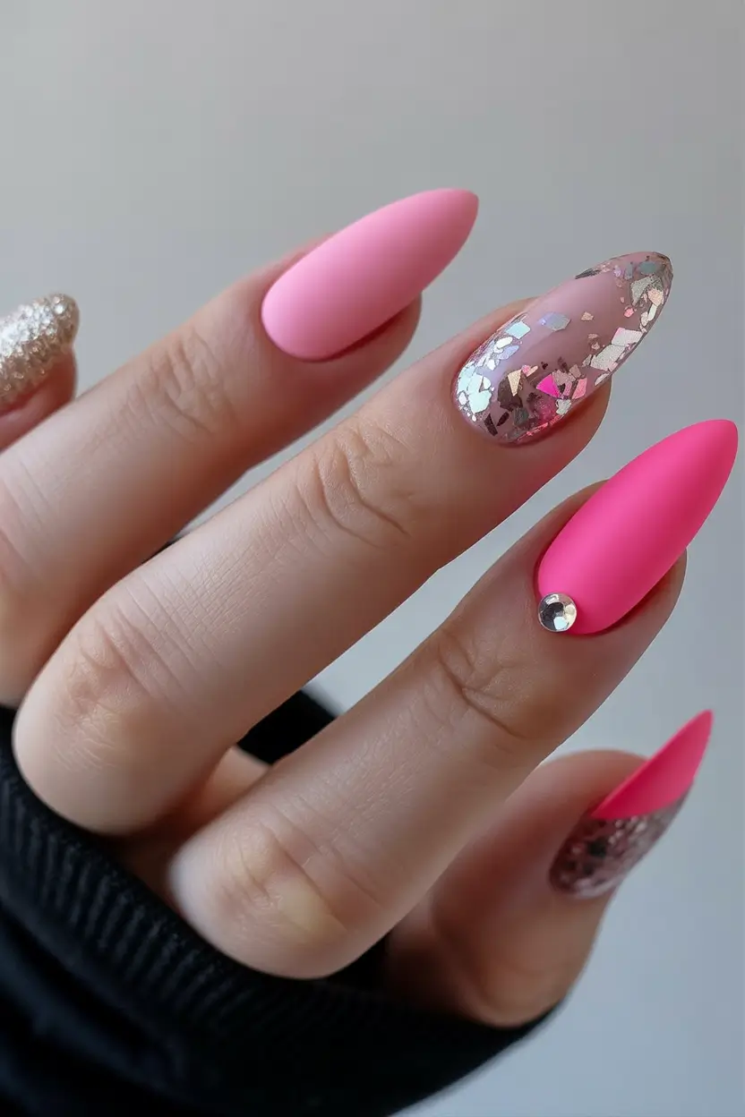pink winter nails Frosty Petals - Matte Pink and Glitter Almond Nails