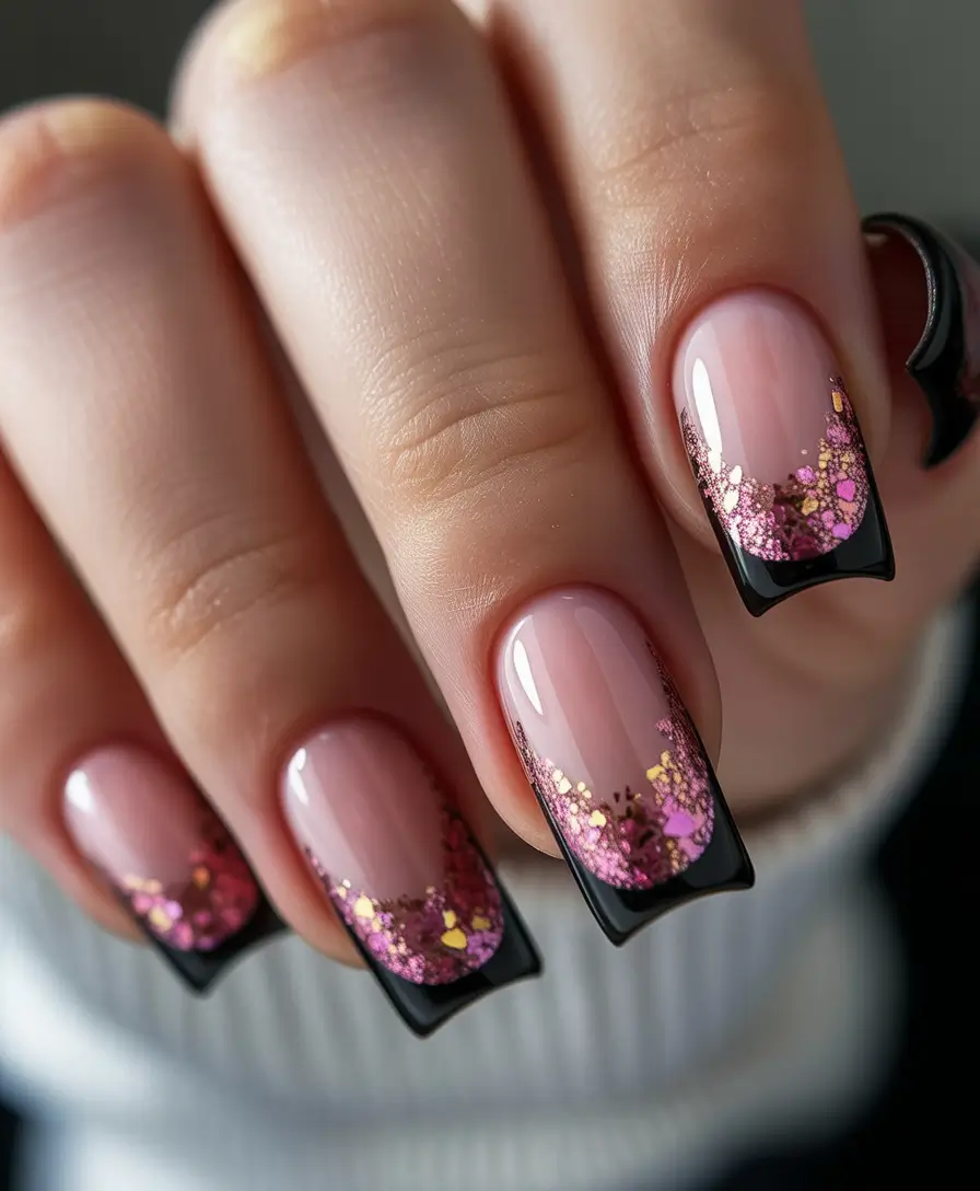 pink winter nails Black Frost French - Dark Glitter French Tips with Pink Base