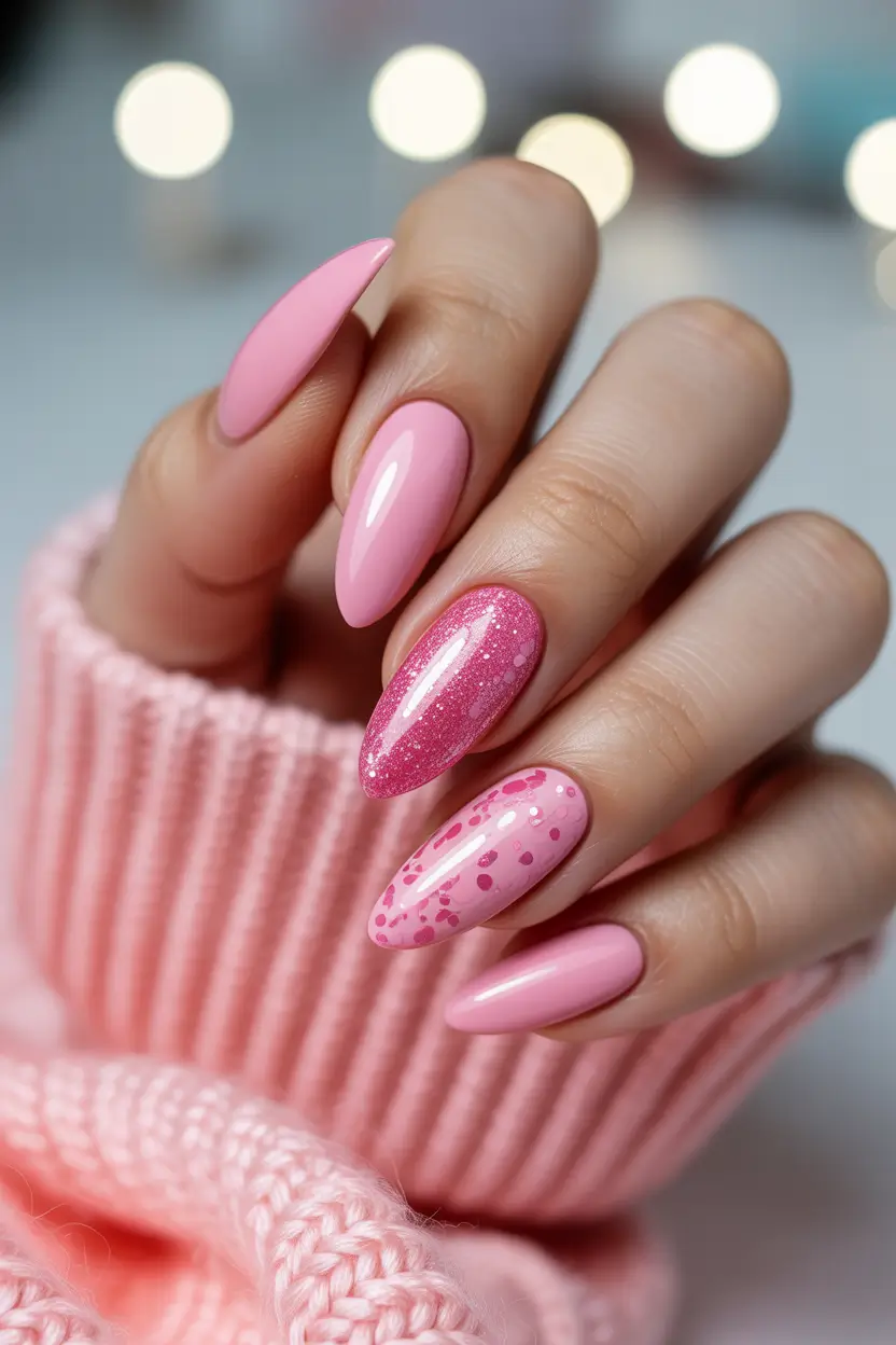 pink winter nails Bubblegum Frost - Soft Pink Almond Nails with Glitter Accents