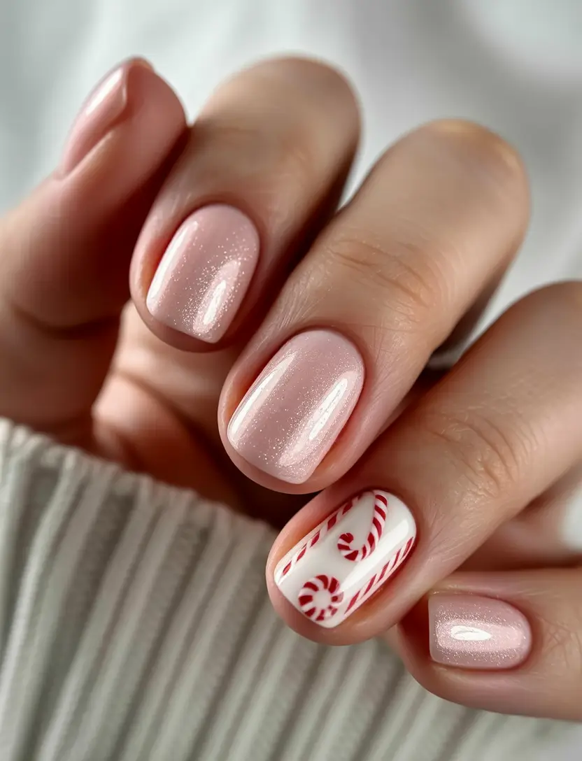 pink winter nails Candy Cane Kiss - Pink and White Christmas Nail Art