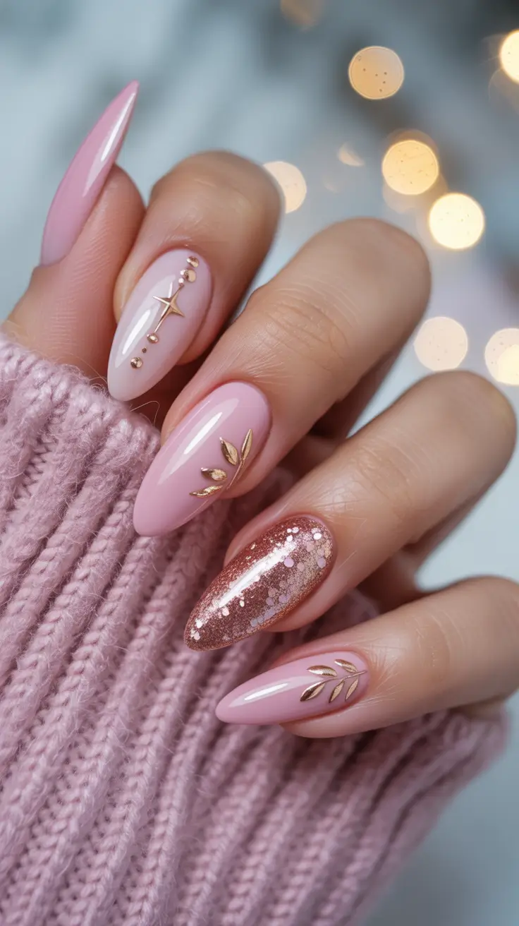 pink winter nails Golden Ember - Blush Almond Nails with Rose Glitter and Gold Leaf