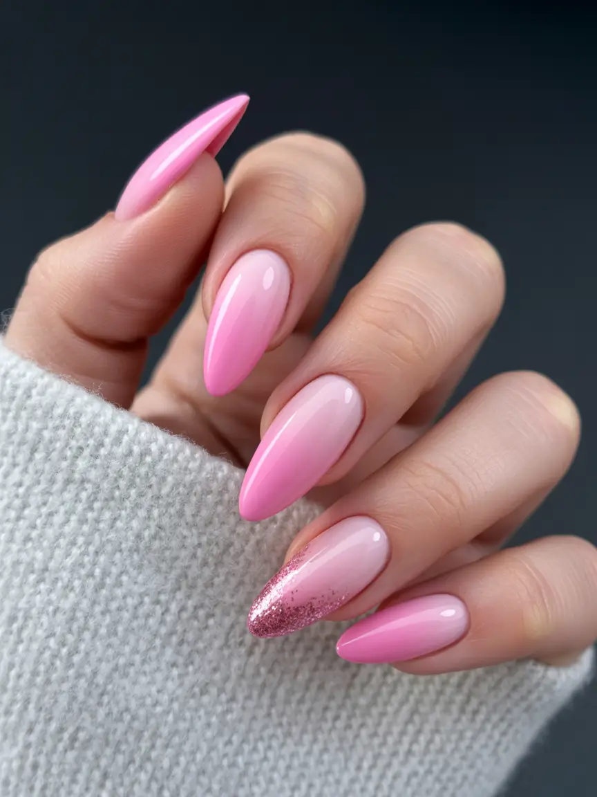 pink winter nails Pink Aurora - Ombre Almond Nails with Glitter Fade