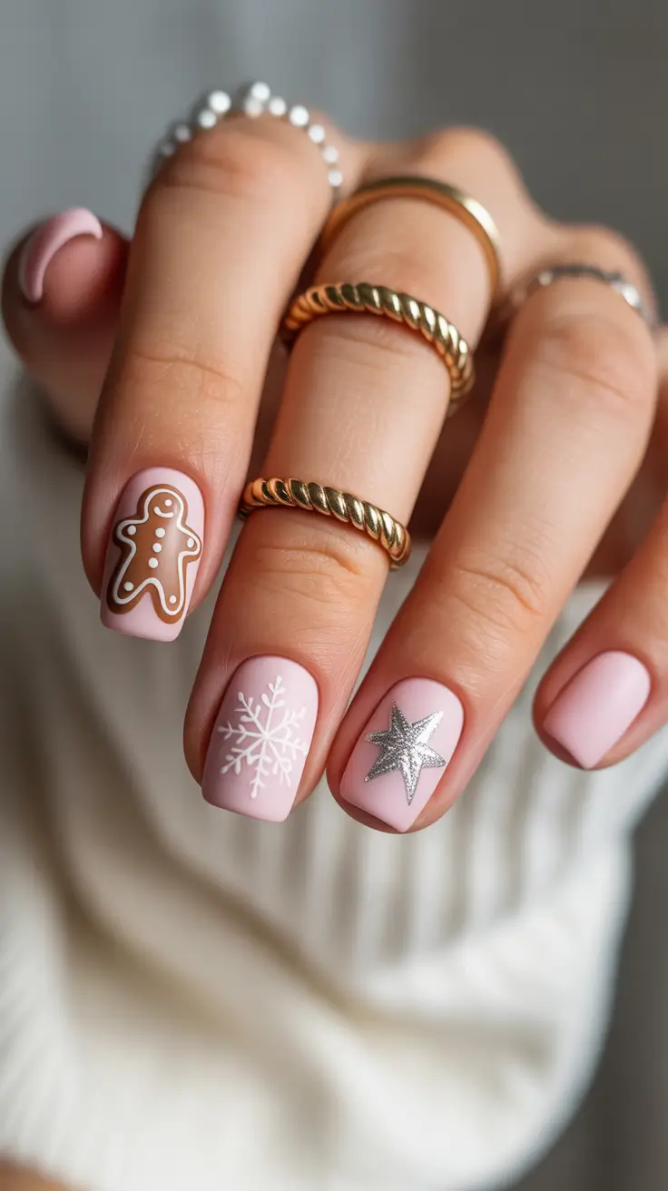 pink winter nails Frosted Gingerbread Charm - Pink and White Winter Nail Art