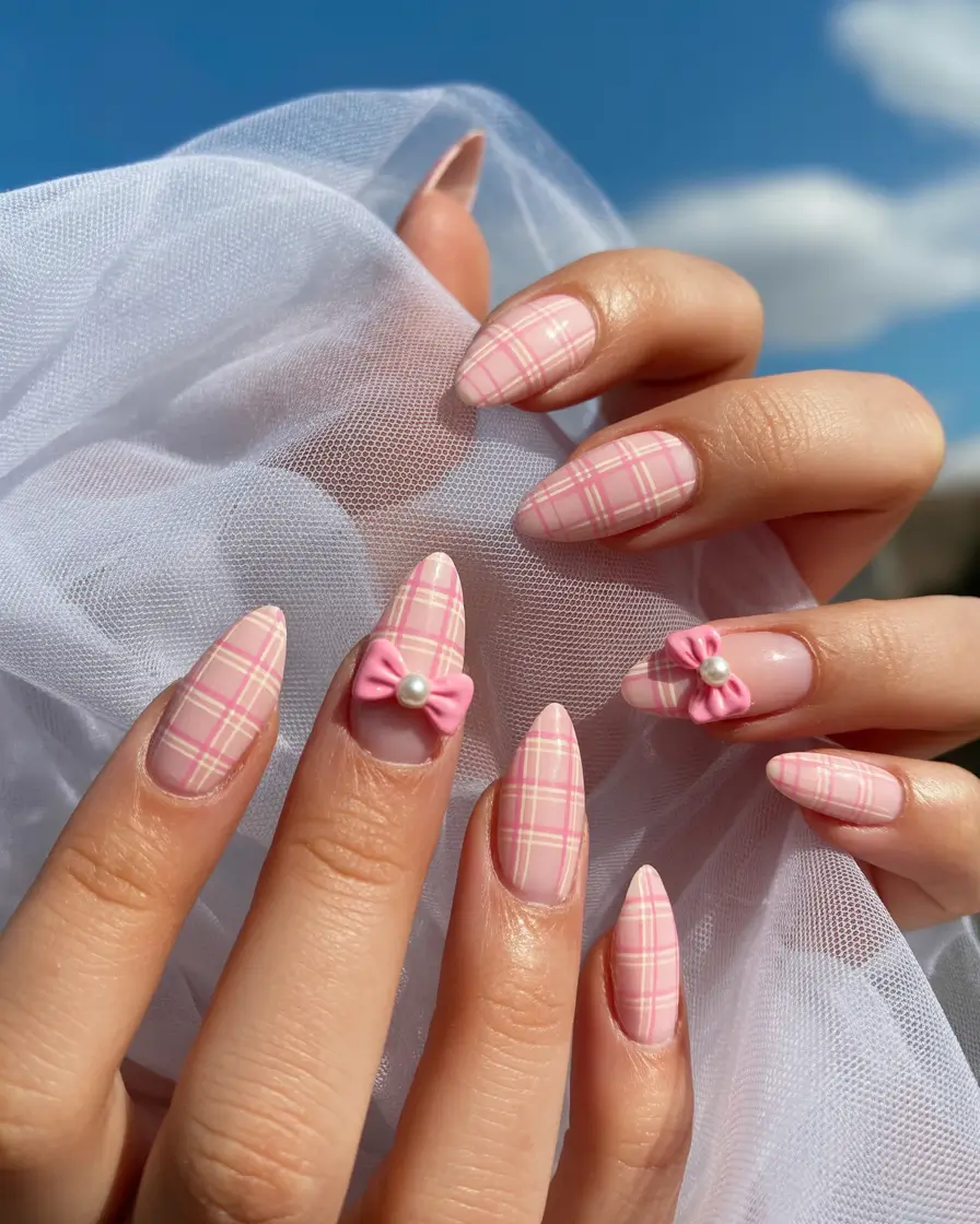 pink winter nails Winter Bow Charm - Plaid Pink Nails with 3D Accents