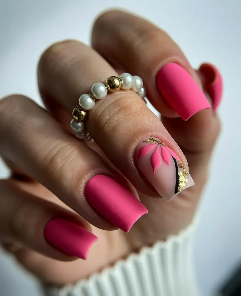 pink winter nails Rose Velvet - Matte Hot Pink Short Square Nails