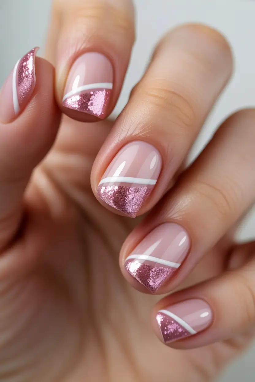 pink winter nails Blush Foil French - Soft Pink Nails with White and Glitter Tips