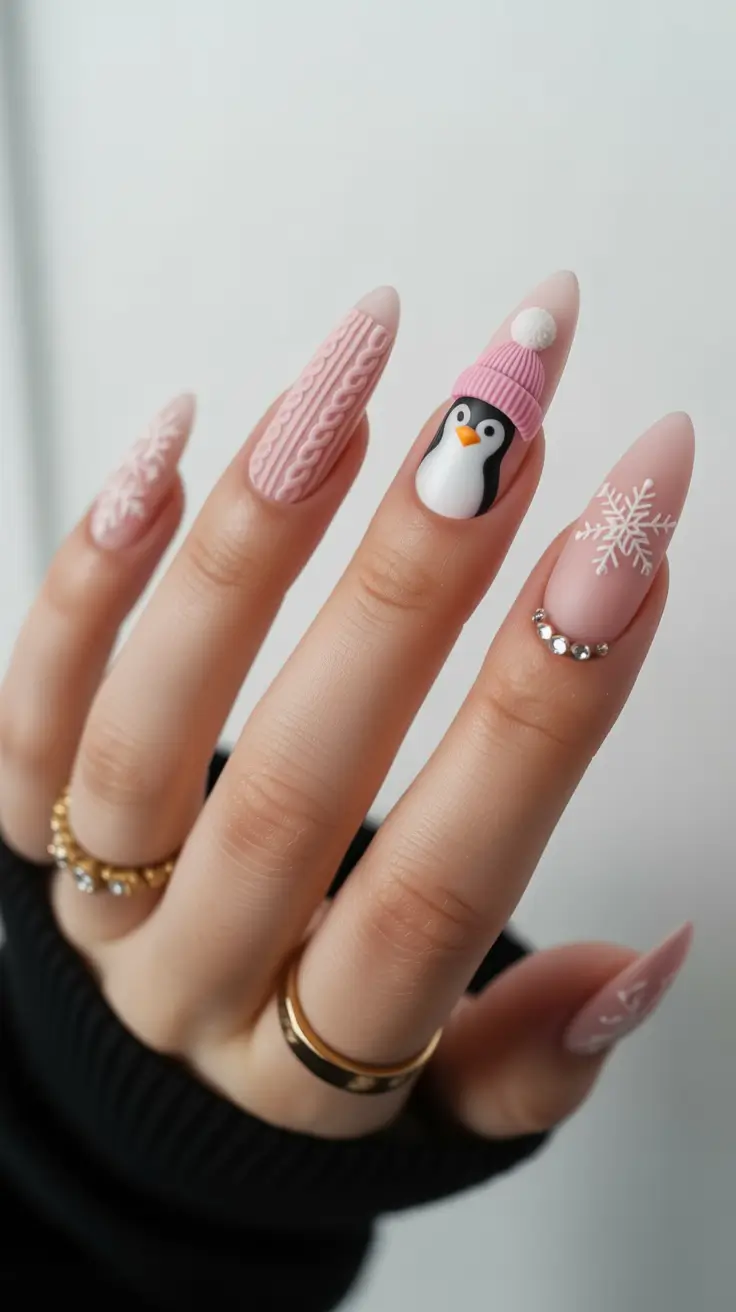 pink winter nails Cozy Penguin - 3D Sweater Nails with Winter Art