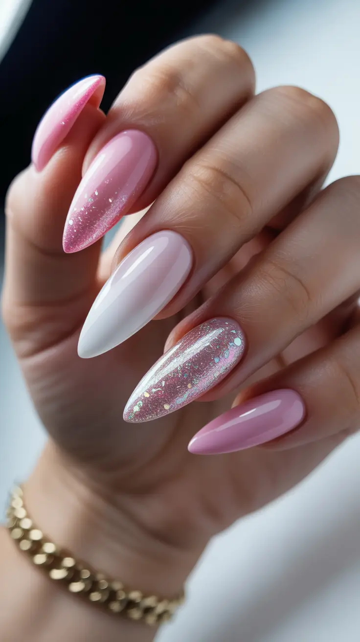 pink winter nails Aurora Kiss - Light Pink Almond Glitter Nails