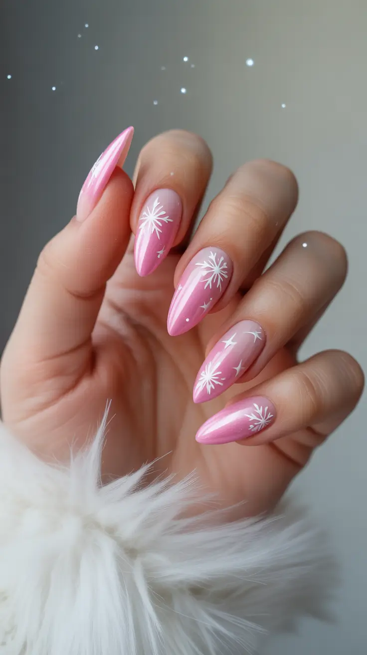 pink winter nails Snowflake Glow - Pink Winter Art with Delicate White Detailing