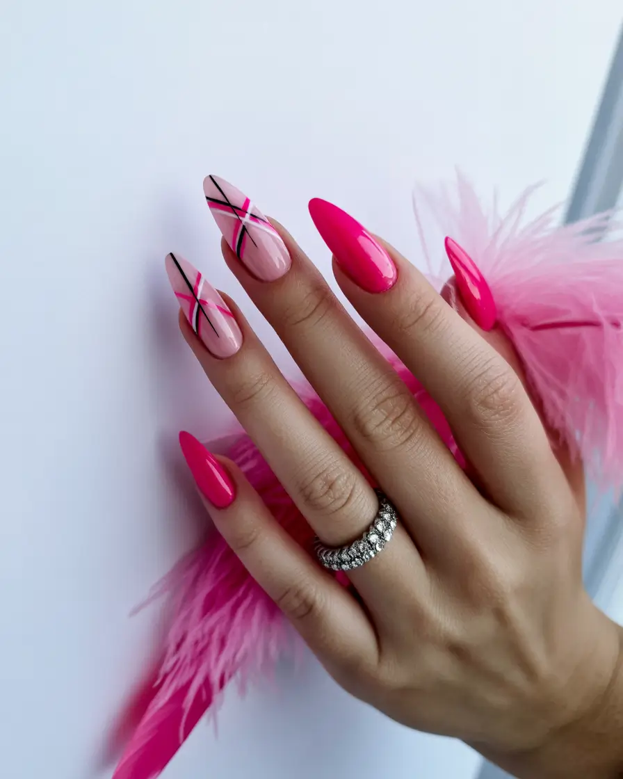 pink winter nails Electric Blush - Bold Pink and Black Line Art