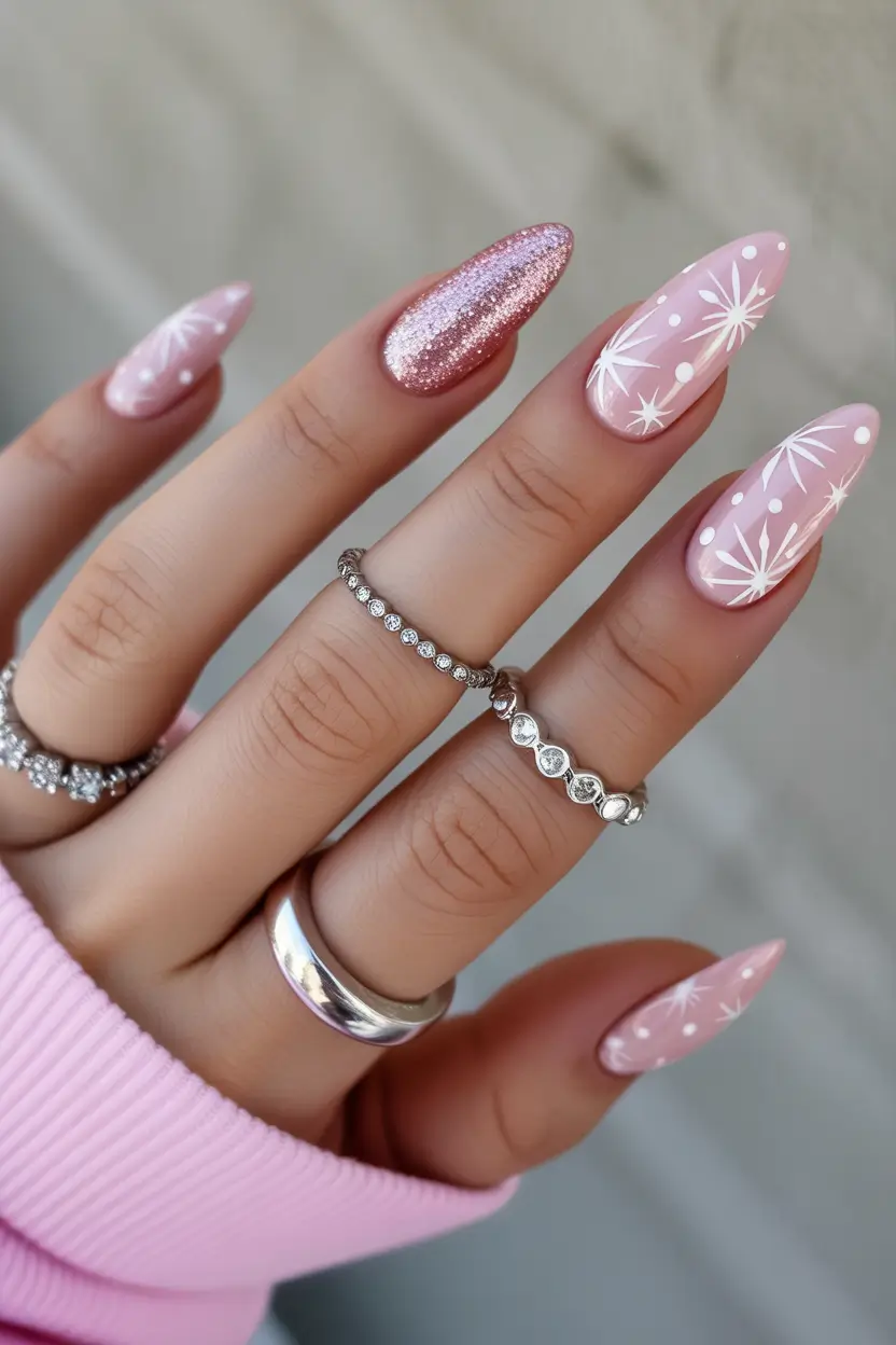 pink winter nails Rosy Stardust - Soft Pink Nails with White Snowflake Art