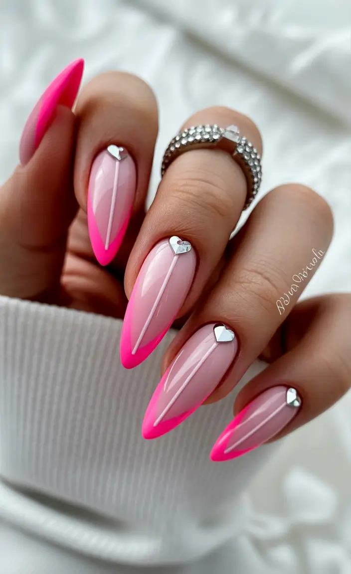 pink winter nails Neon Frost - Hot Pink Almond Nails with Silver Hearts