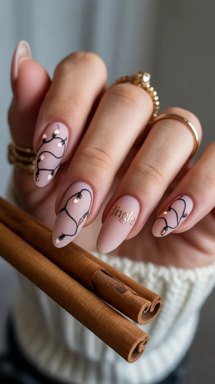 pink winter nails Jingle Lights - Nude Pink Nails with Festive Black Art