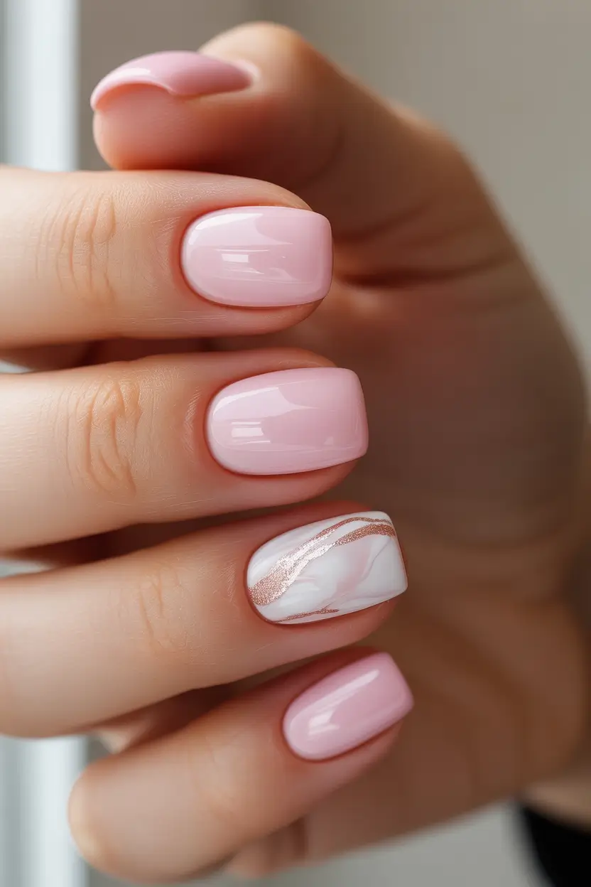 pink winter nails Winter Blush Marble - Light Pink Short Square Nails with White and Gold Veins