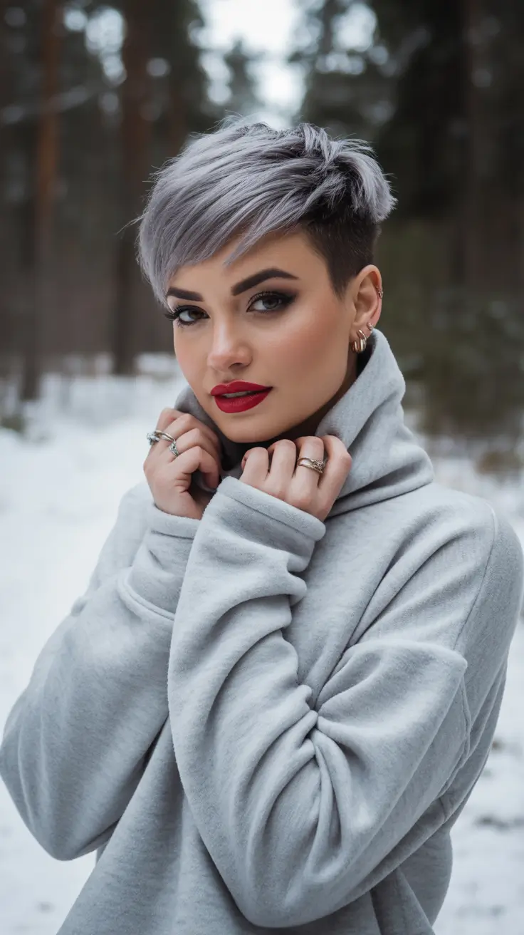 winter pixie haircuts Frosted Silver Pixie with Volume