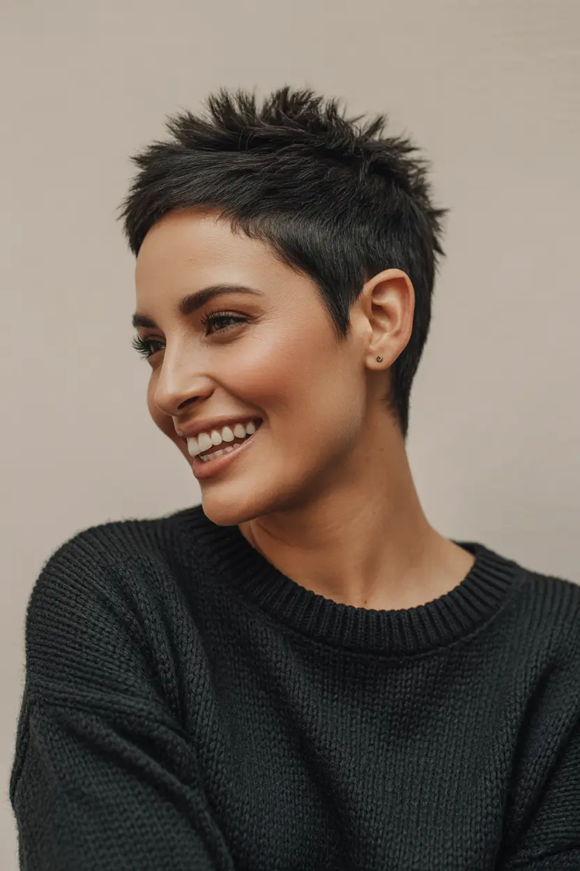 winter pixie haircuts Textured Jet-Black Pixie with Natural Volume