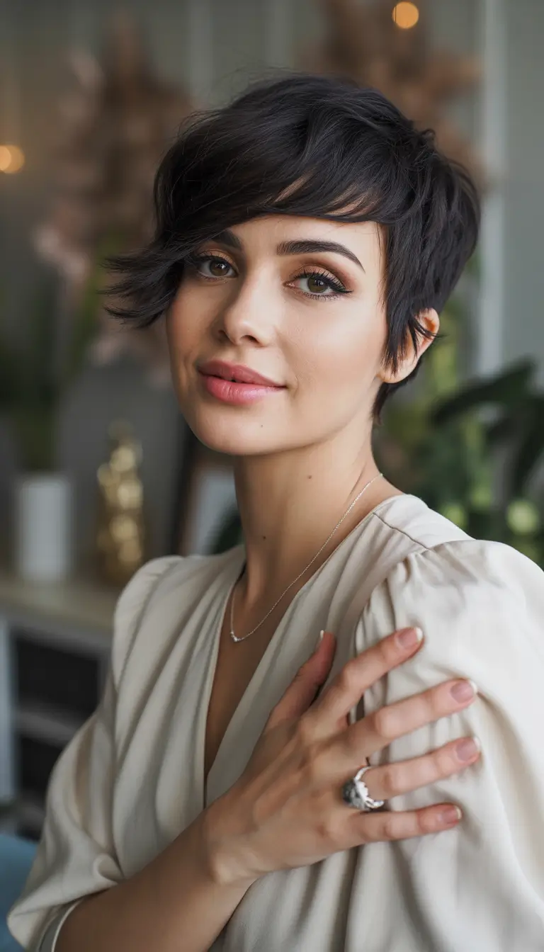 winter pixie haircuts Soft Brunette Pixie with Side-Swept Layers