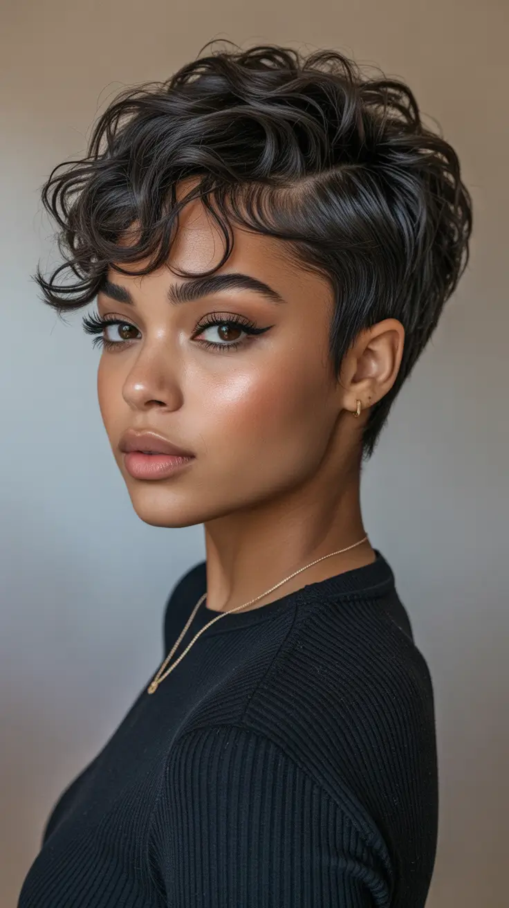winter pixie haircuts Soft Curls Pixie with a Deep Part