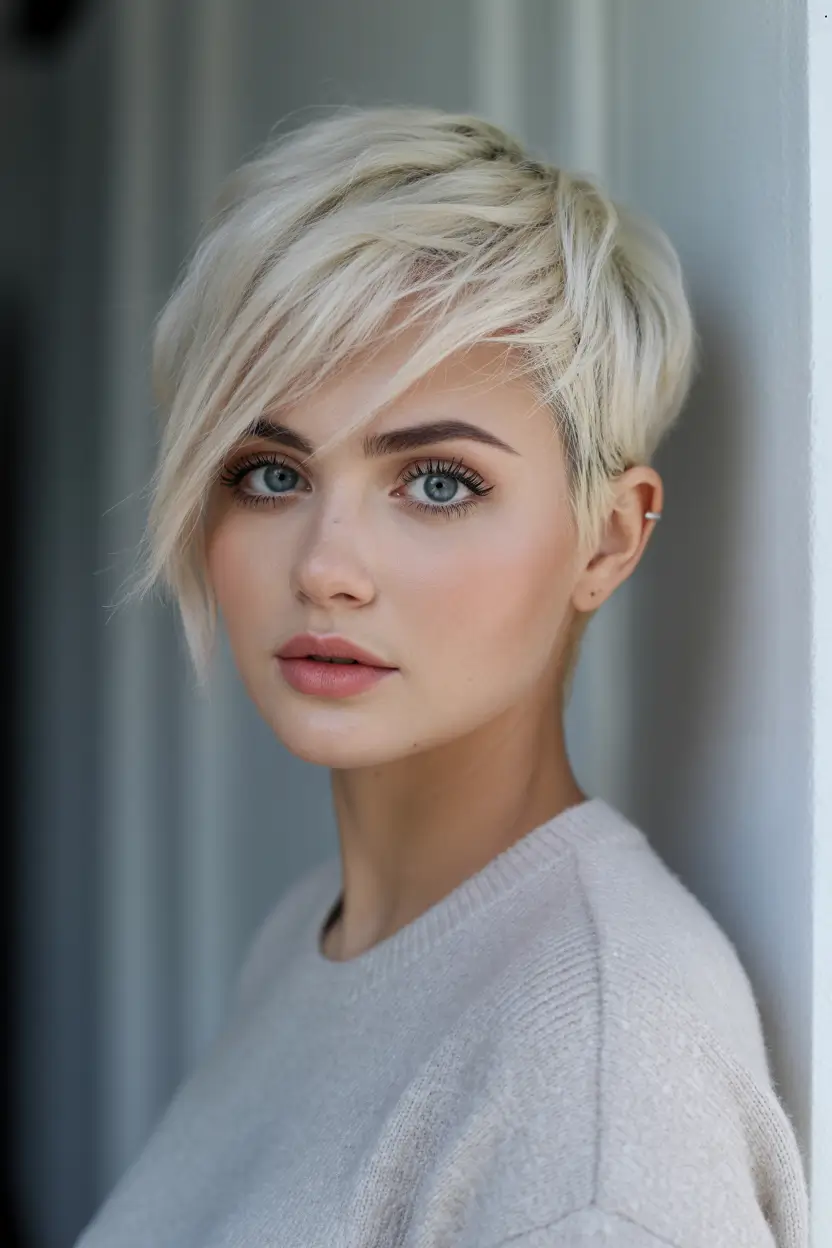 winter pixie haircuts Champagne Blonde Pixie with Side Volume
