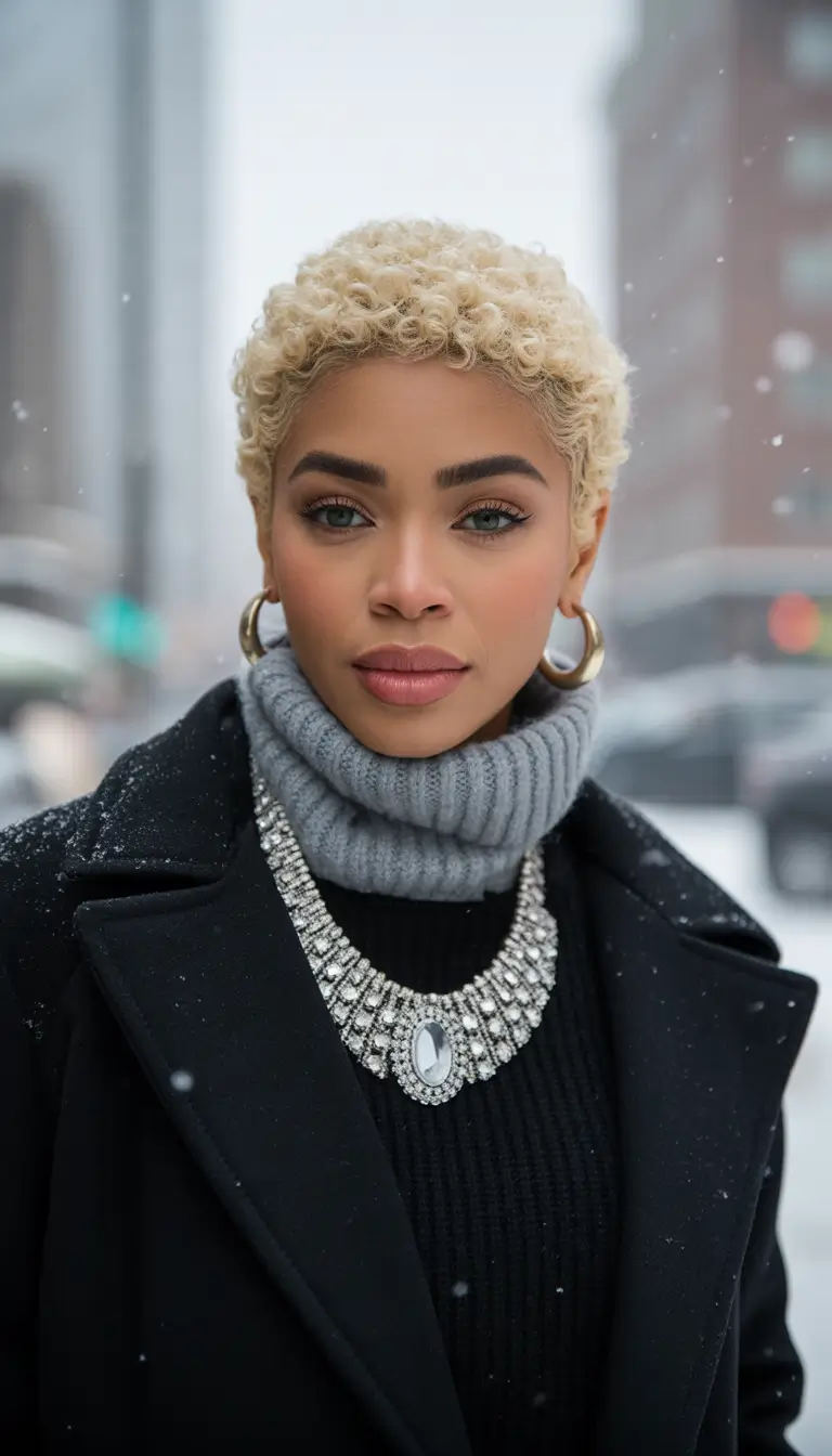 winter pixie haircuts Golden Curly Pixie for Urban Elegance