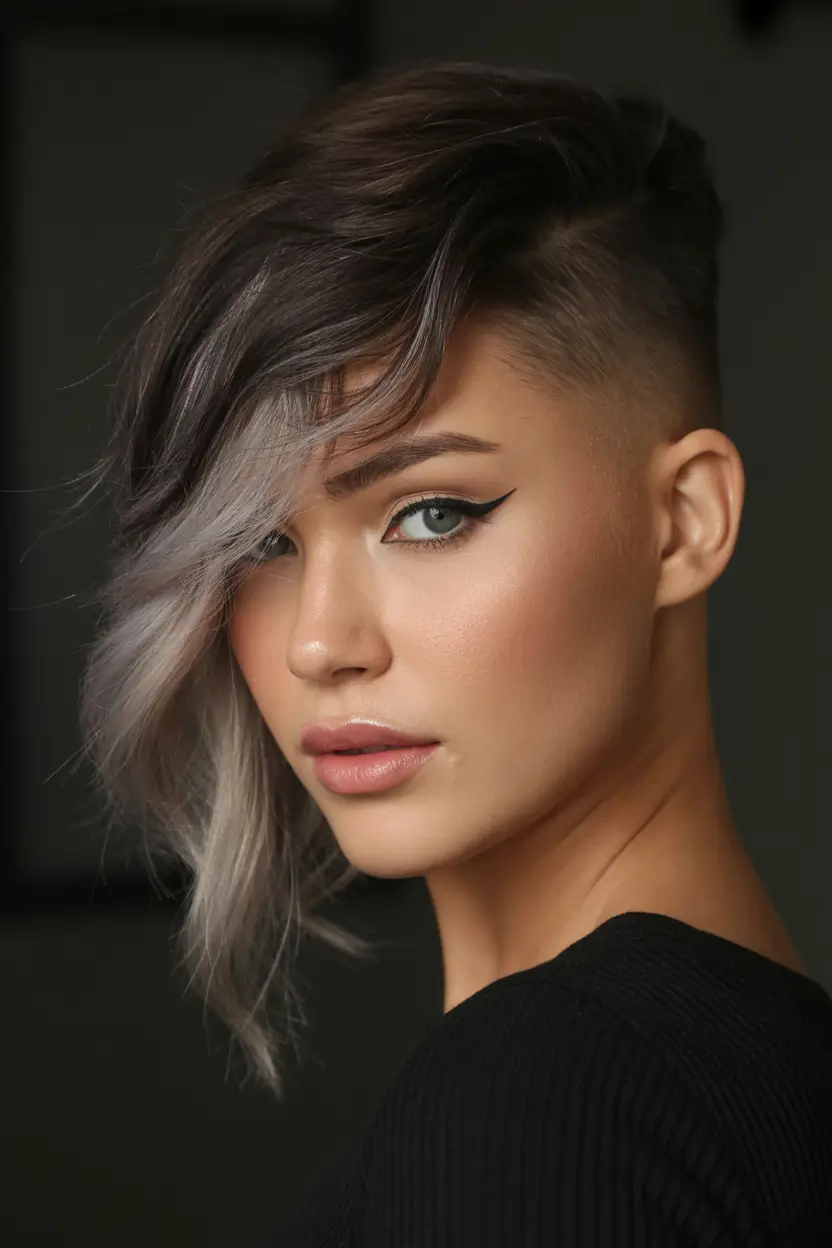 winter pixie haircuts Silver Ash Undercut Pixie with Side Fringe
