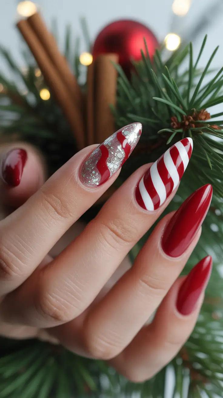 red winter nails 2025 2026 Candy Cane Chic