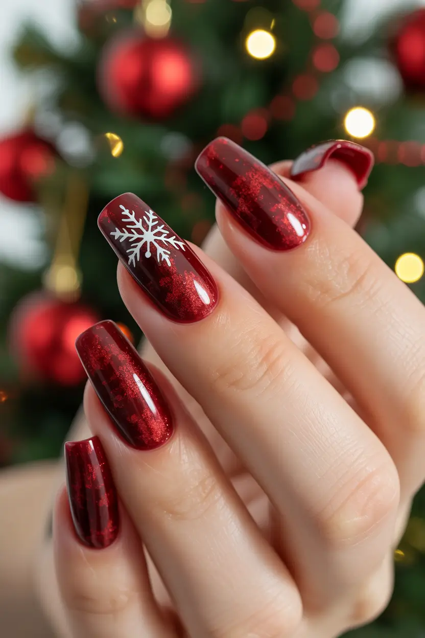 red winter nails 2025 2026 Frosted Snowflake Charm
