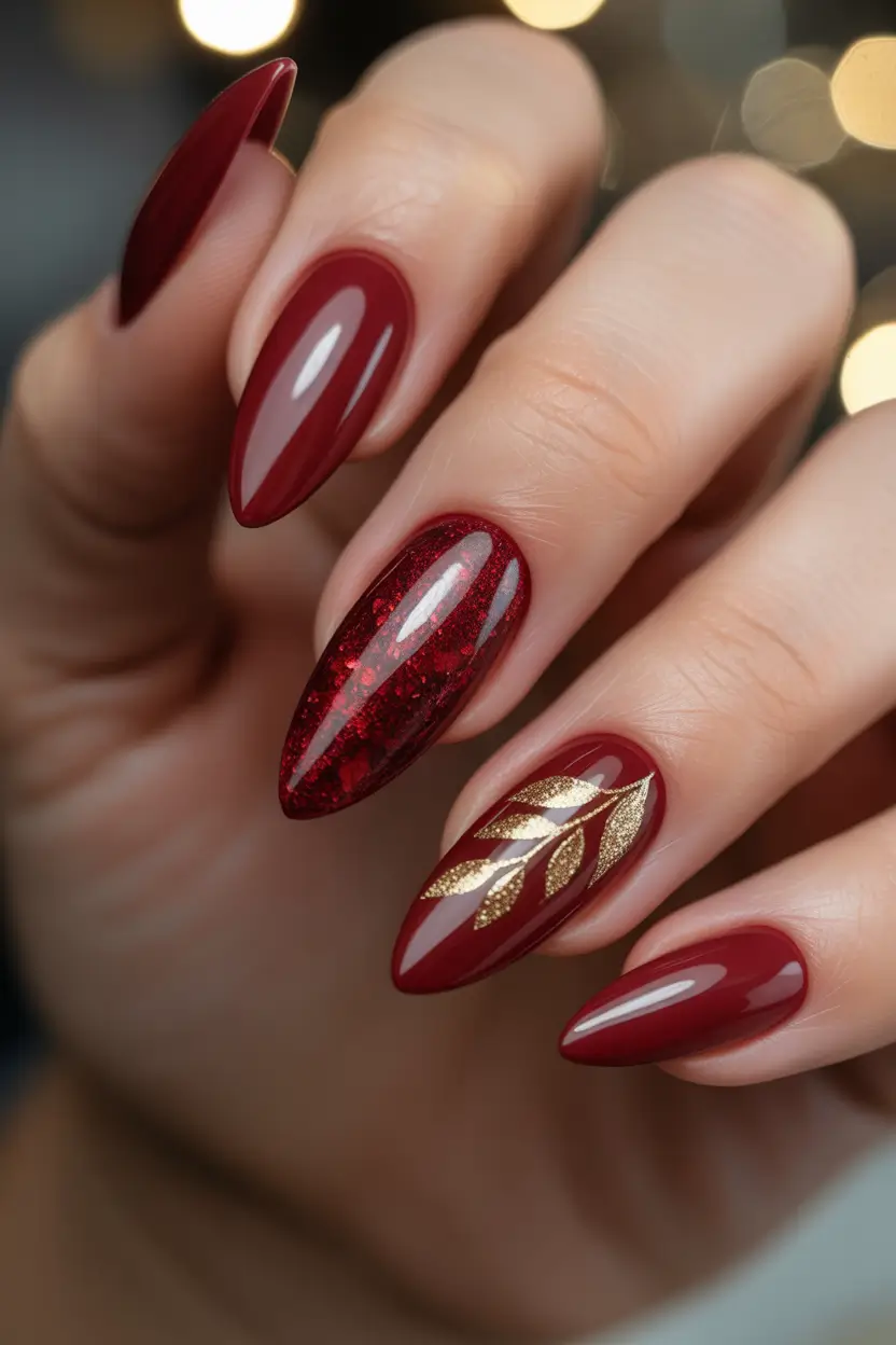 red winter nails 2025 2026 Golden Leaf Luxe