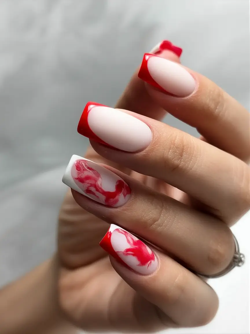 red winter nails 2025 2026 Modern French Swirl