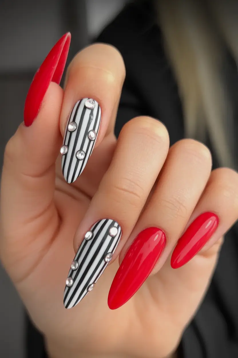 red winter nails 2025 2026 Striped Ruby Drama