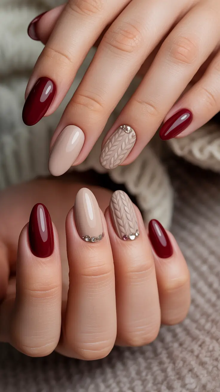 red winter nails 2025 2026 Cozy Knitted Charm
