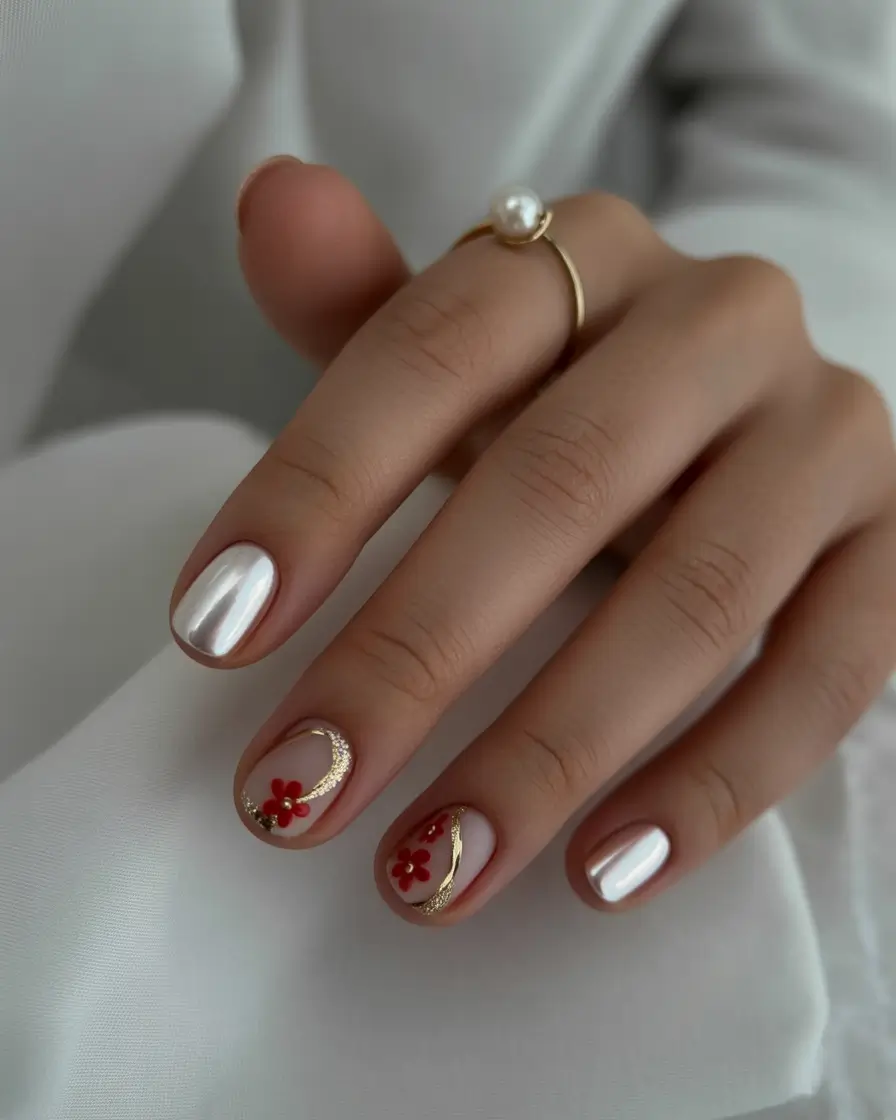 short winter nails design and color ideas Pearl Elegance with a Floral Accent