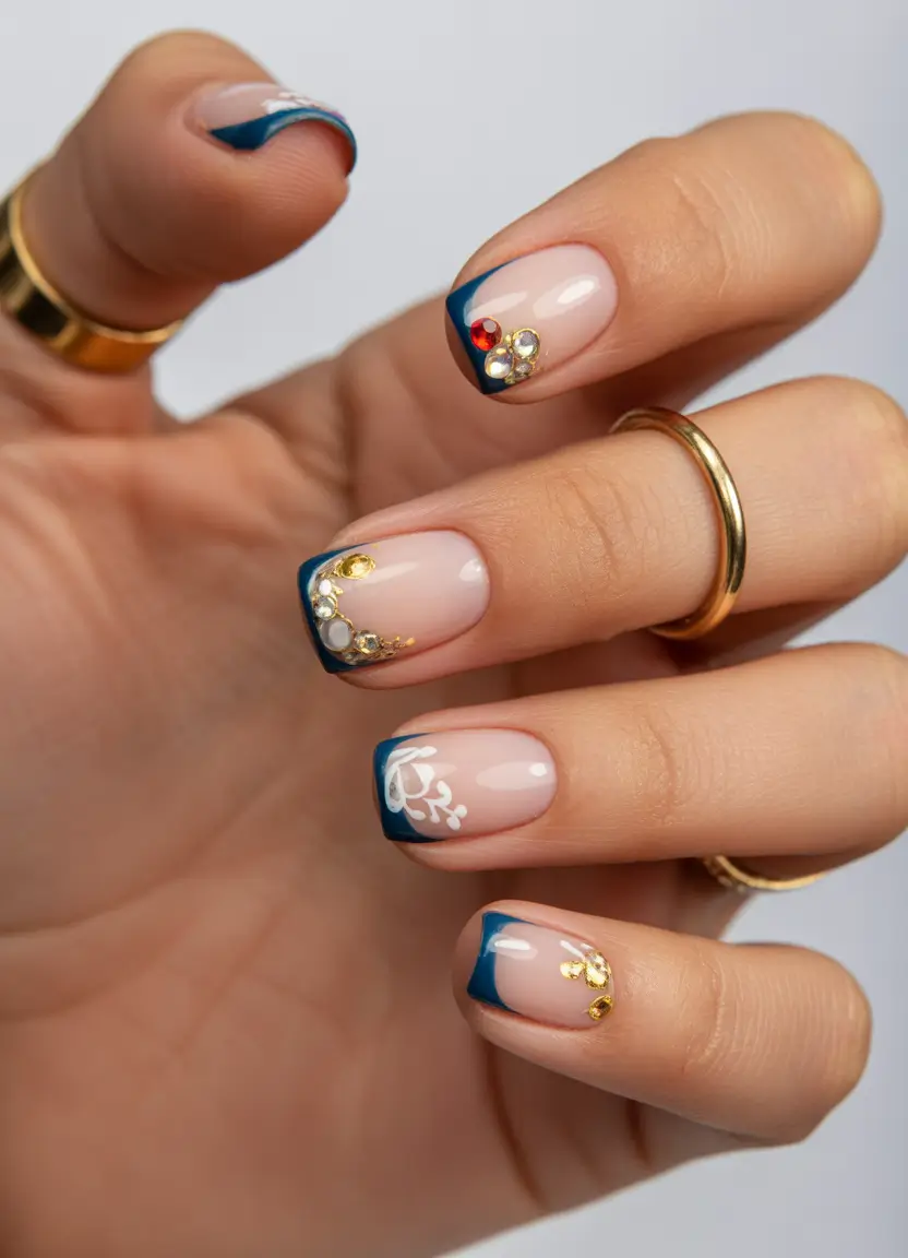 short winter nails design and color ideas Midnight French with Jewel Embellishments